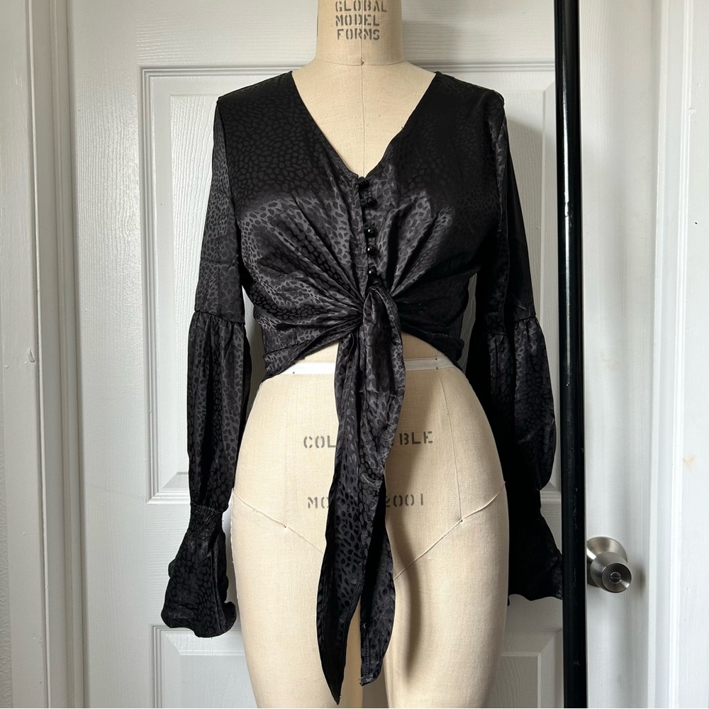 Elegant Black Satin Tie-Front Top